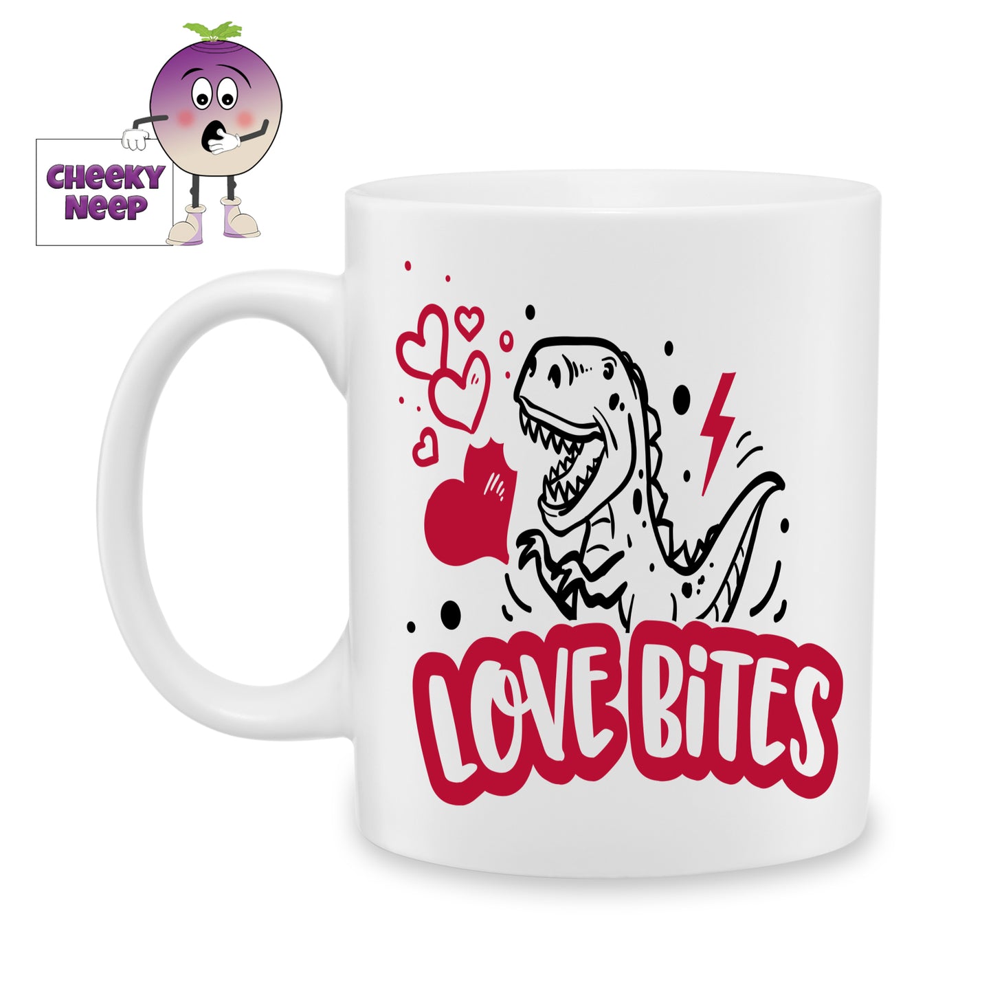 white ceramic mug with the words "Love Bites" together with a picture of a dinosaur printed on the mug. Mug as produced by Cheekyneep.com
