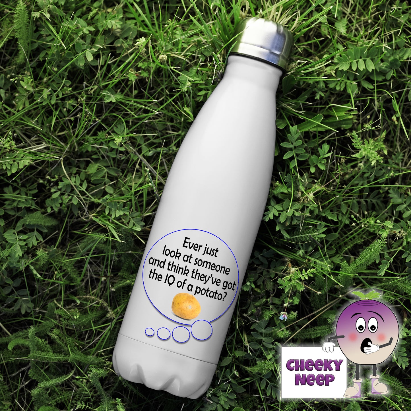 500ml thermal insulated white flask with the words "Ever just look at someone and think they've got the IQ of a potato?" printed in a speech bubble together with a picture of a potato on the flask