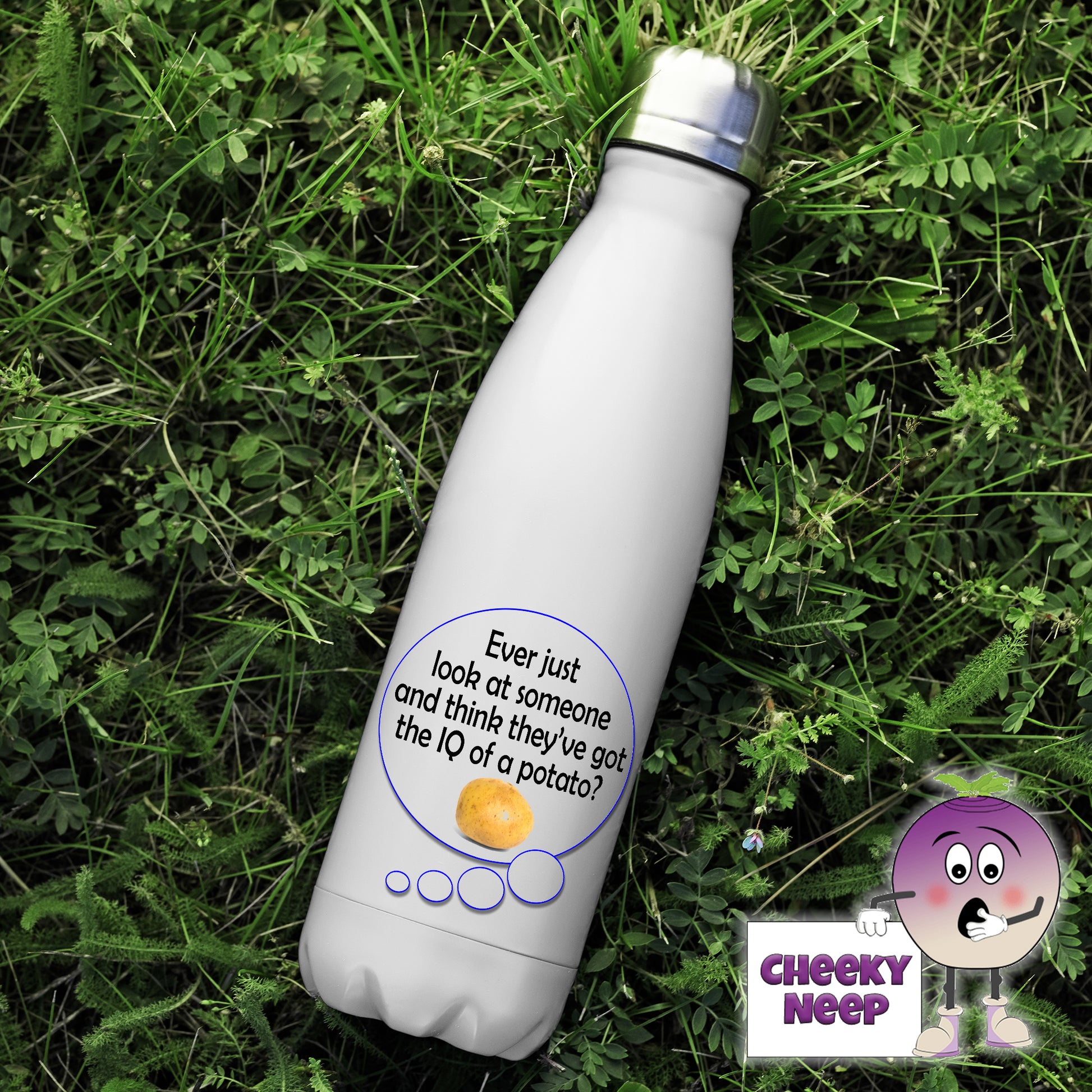 500ml thermal insulated white flask with the words "Ever just look at someone and think they've got the IQ of a potato?" printed in a speech bubble together with a picture of a potato on the flask
