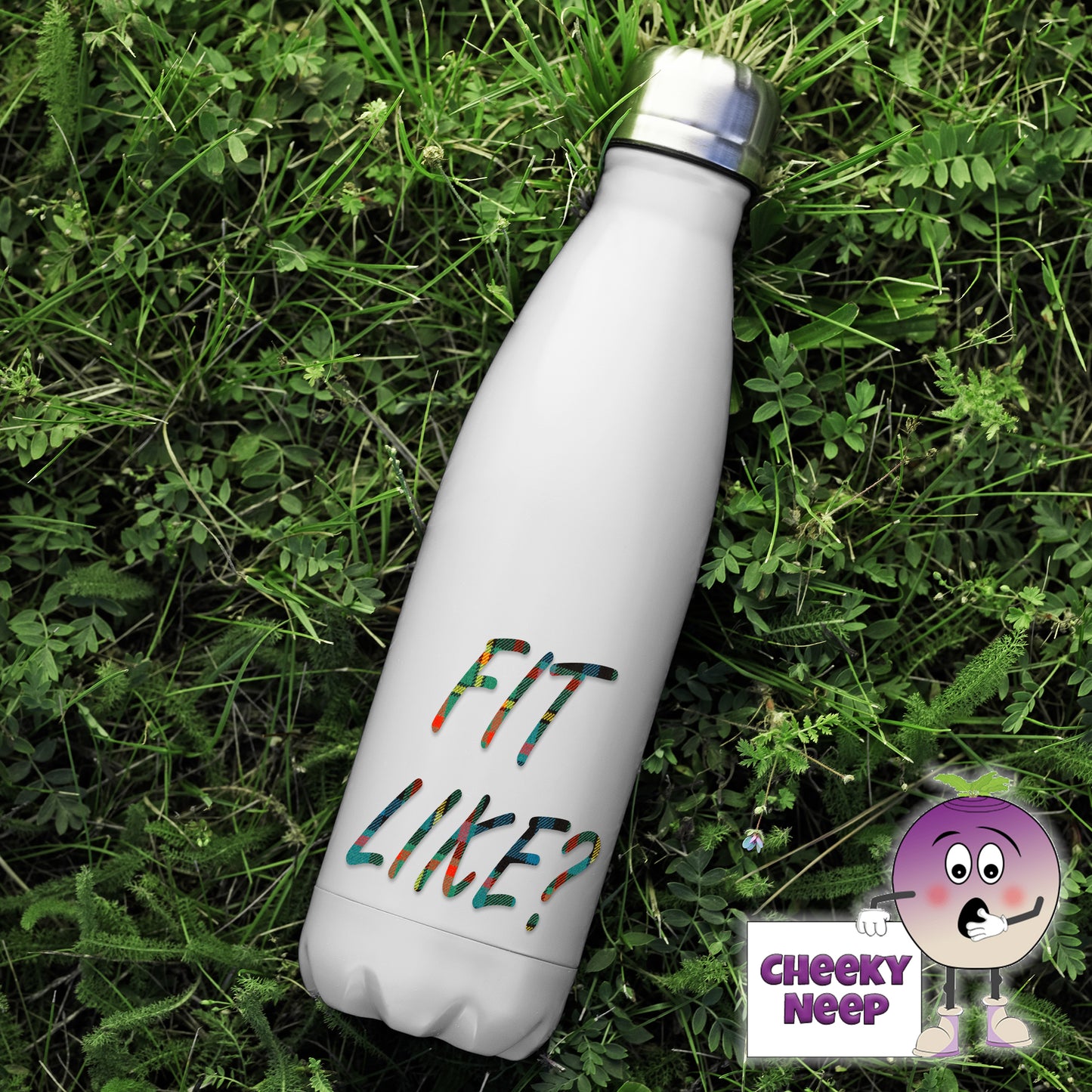500ml thermal insulated white flask with the words "Fit Like?" printed in multi coloured text on the flask