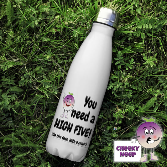500ml thermal insulated white flask with the words "You need a HIGH FIVE! (On the face. With a chair.)" printed in black on the flask