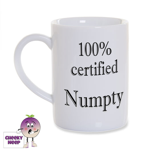 White 8oz porcelain mug with the words "100% certified Numpty" printed in black.
