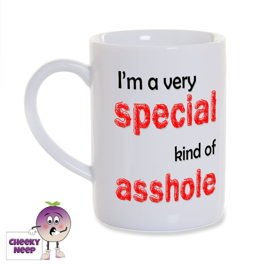 8oz White gloss porcelain mug with "I'm a teacher what's your superpower?" written in black text. Also a bright blue bubble with the word Pow