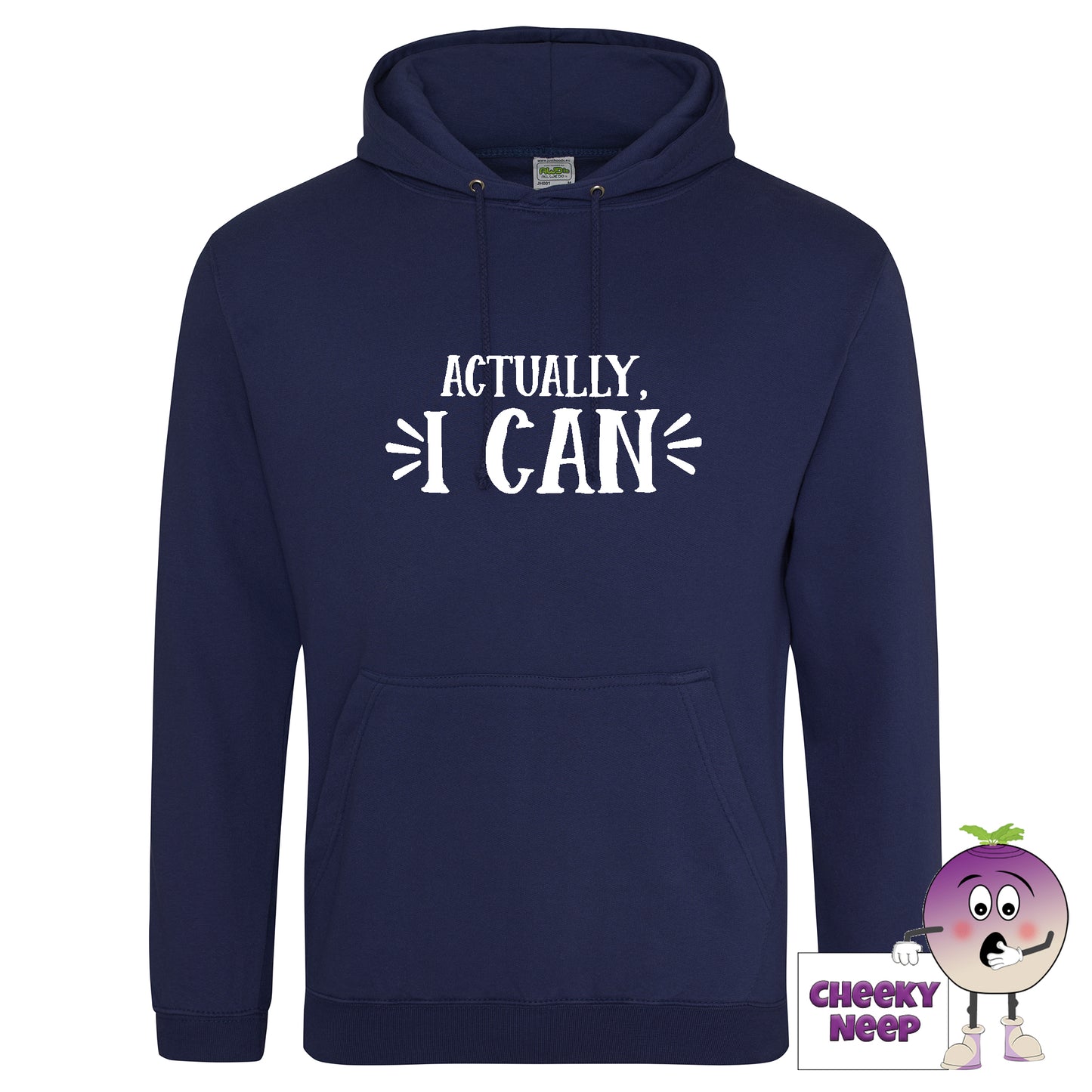 Navy blue hoodie with slogan "actually I can" printed on the front as produced by Cheekyneep.com