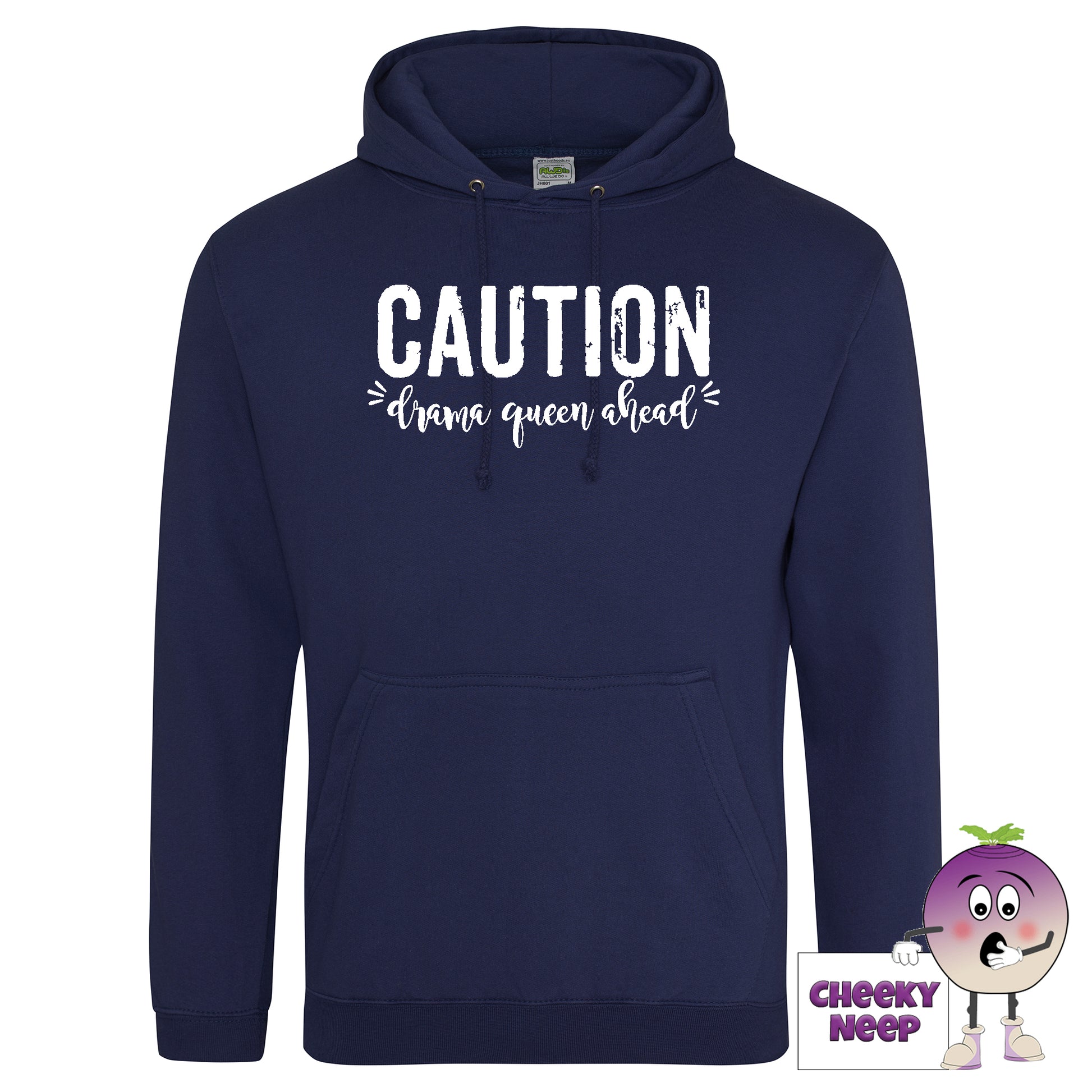 Navy blue hoodie with slogan "Caution Drama Queen Ahead" as produced by cheekyneep.com