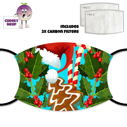 Blue face cover with pictures of candy canes, gingerbread tree, santa hat and holly sprigs all over. Also shown is a picture of the two carbon filters as supplied by Cheekyneep.com