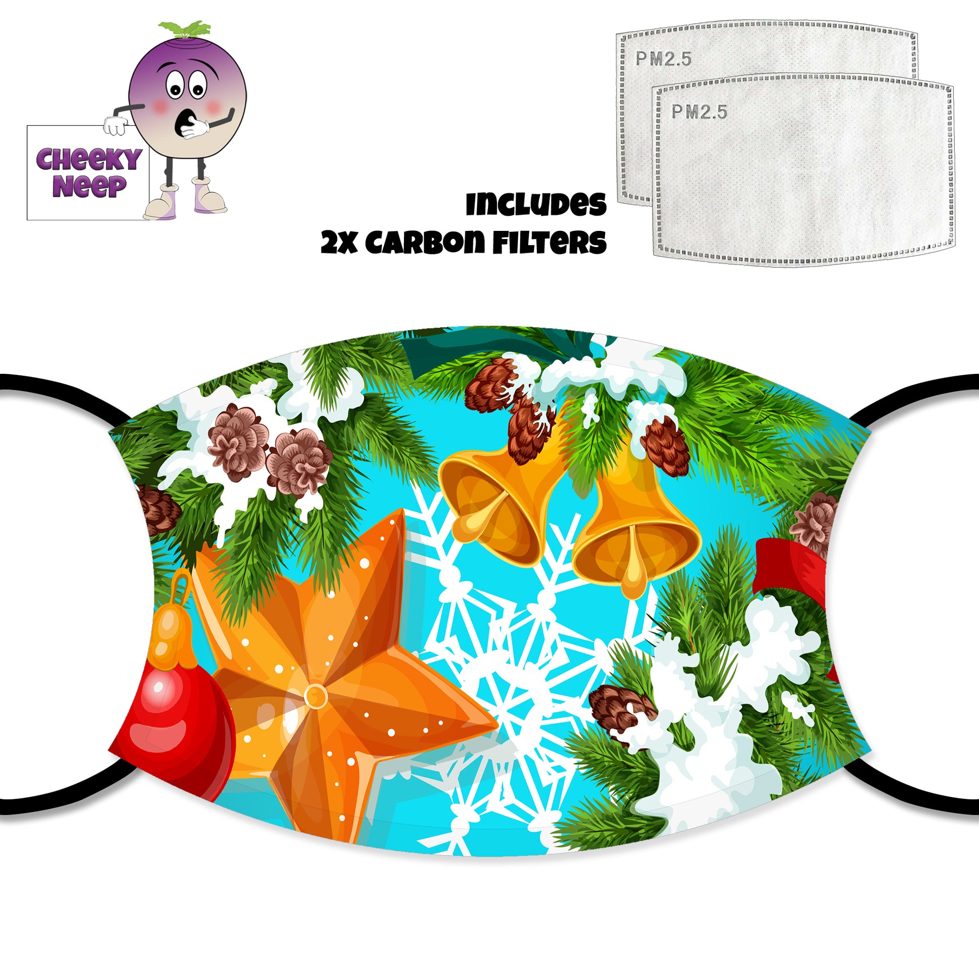 Blue face cover with stars, bells, christmas tree sprigs and snowflakes printed on the cover. Also shown is a picture of the two carbon filters as supplied by Cheekyneep.com