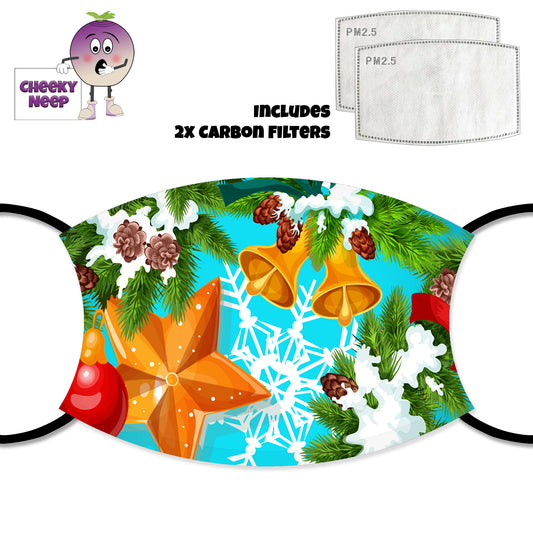 Blue face cover with stars, bells, christmas tree sprigs and snowflakes printed on the cover. Also shown is a picture of the two carbon filters as supplied by Cheekyneep.com