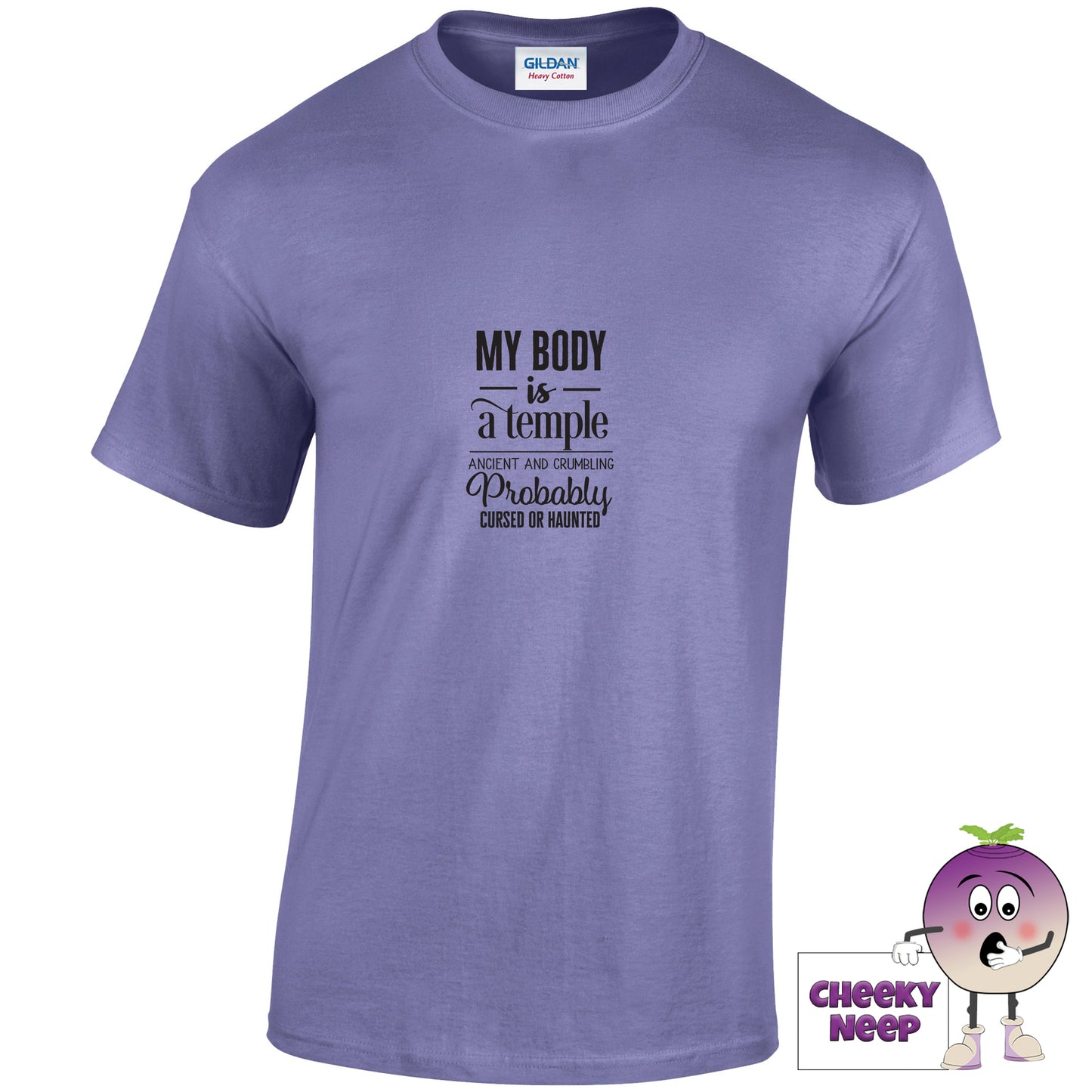 Violet tee with the slogan my body is a temple ancient and crumbling probably cursed or haunted printed on the front