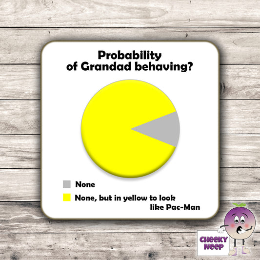 Square hardback coaster with the slogan "Probability of Grandad behaving?" together with a picture of a pie diagram that looks like a packman.