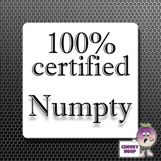 square fridge magnet with the words "100% certified Numpty" printed.
