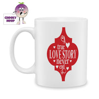 White ceramic mug with the picture of a red arabesque with the words 