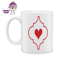 white ceramic mug with a red arabesque with a red heart in the centre as produced by Cheekyneep.com
