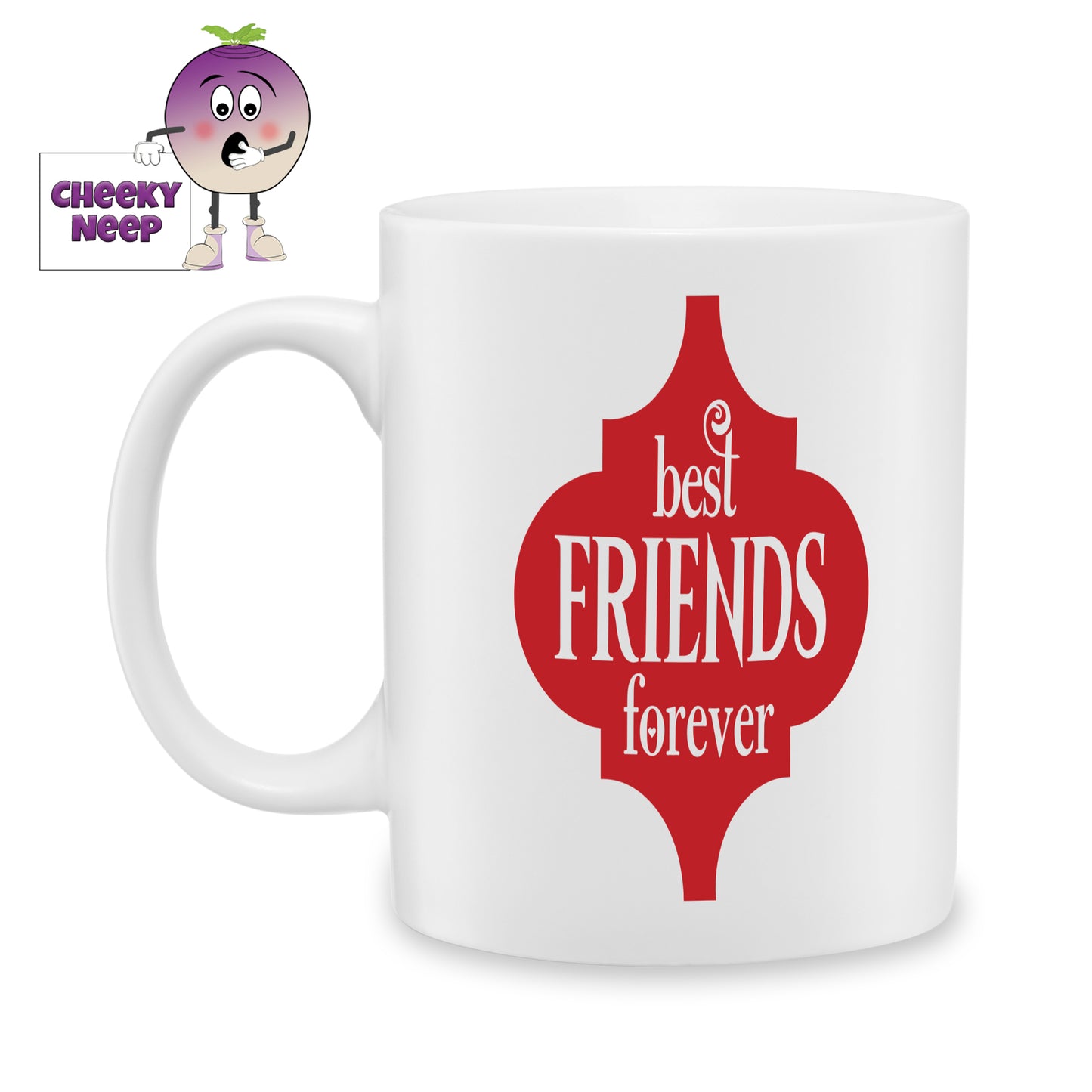 White ceramic mug with a red arabesque and in the centre written in white is the words "Best Friends Forever" as produced by Cheekyneep.com