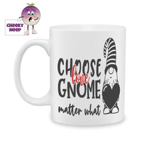 White ceramic mug with the picture of a Gnome holding a large heart and the words 