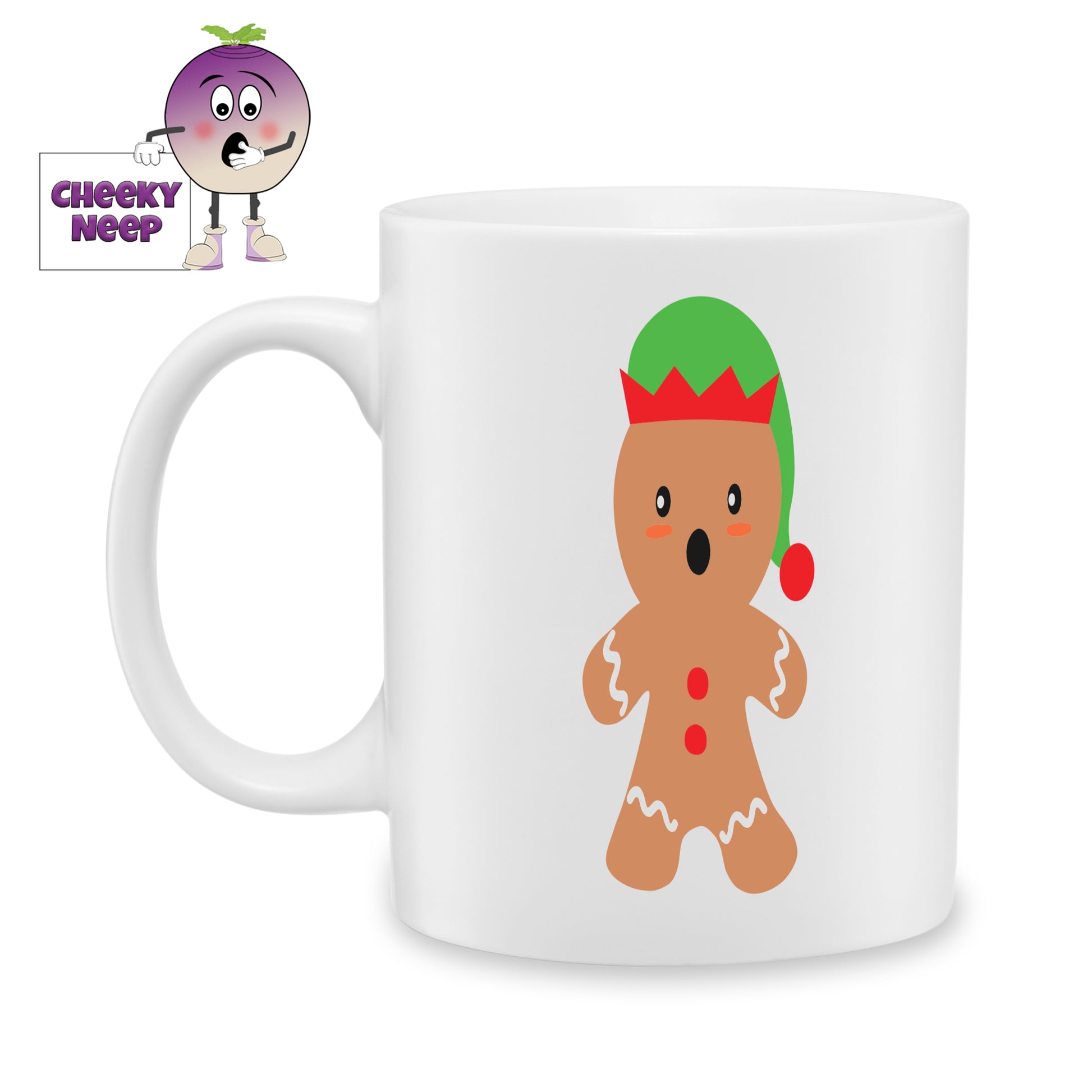 White ceramic mug with a picture of a gingerbread man in an elf hat printed on the mug as produced by Cheekyneep.com