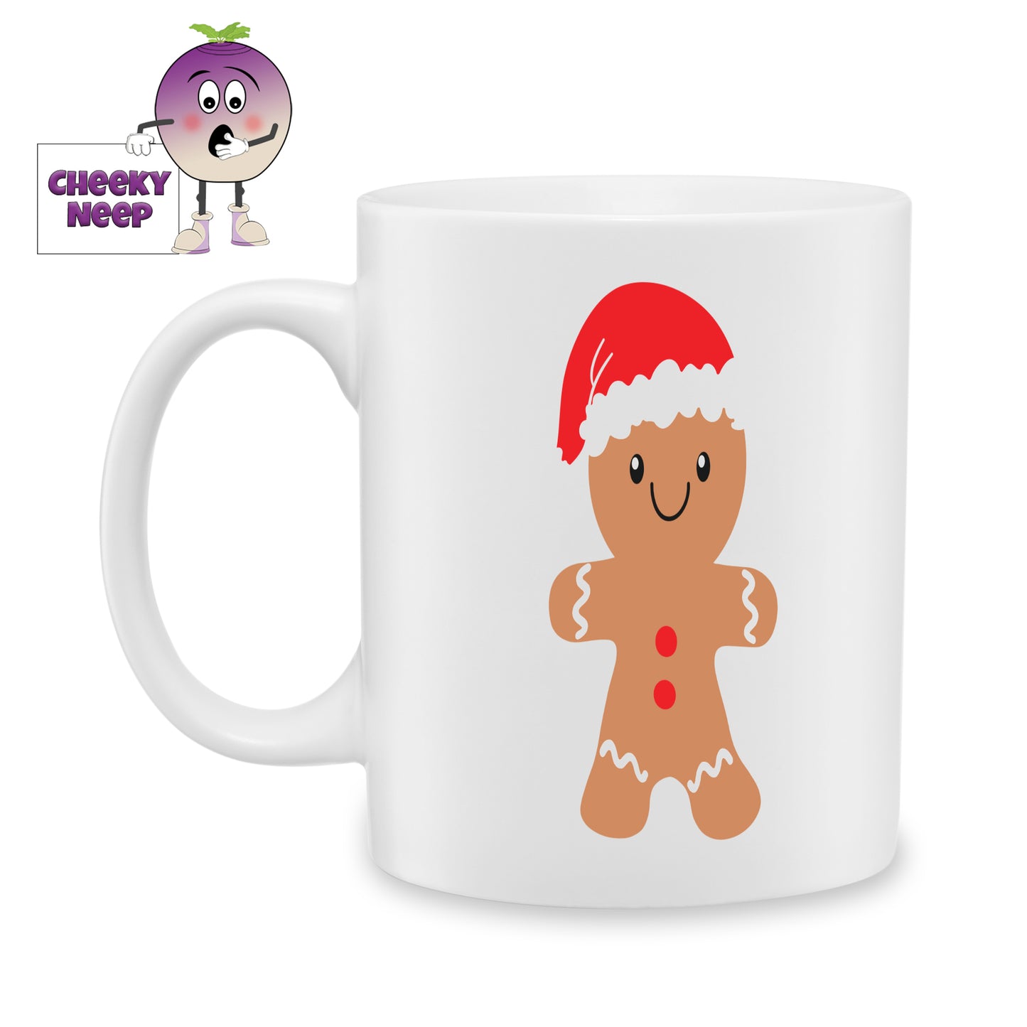 White ceramic mug with a picture of a gingerbread man in a santa hat printed on the mug as produced by Cheekyneep.com