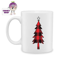 White ceramic mug with a picture of the outline of a christmas tree that is covered in red buffalo plaid. As produced by Cheekyneep.com