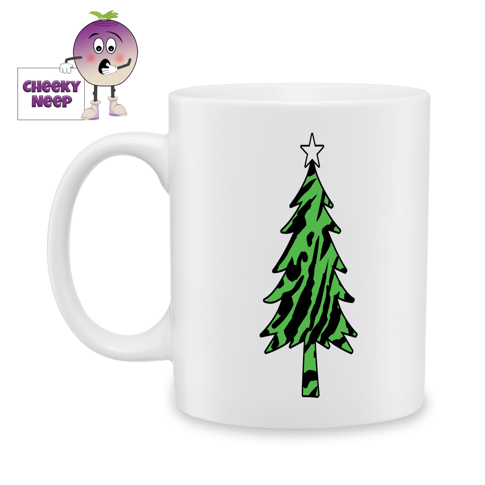 White ceramic mug with the outline of a christmas tree filled in by green leopard print as produced by Cheekyneep.com