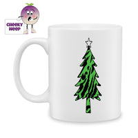 White ceramic mug with the outline of a christmas tree filled in by green leopard print as produced by Cheekyneep.com