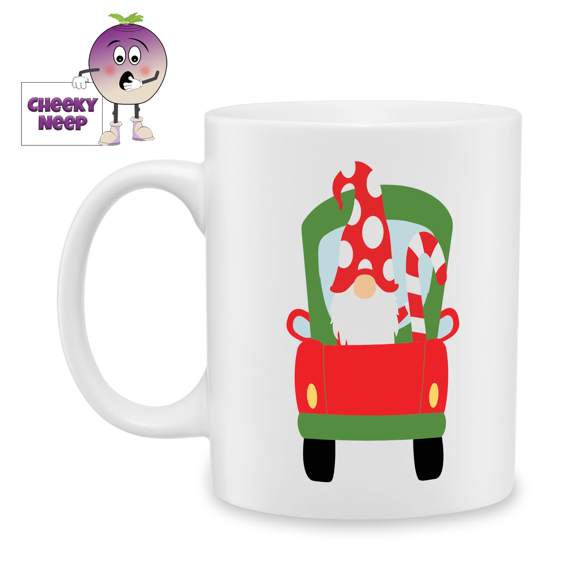 White ceramic mug with a picture of a green and red truck being driven by a gnome in a red and white spotted hat. Mug as produced by Cheekyneep.com