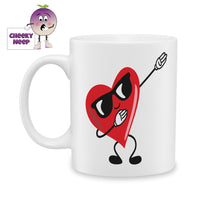 White ceramic mug with a picture of a red heart in black sunglasses doing the dab dance move as produced by Cheekyneep.com