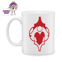 White ceramic mug with the picture of a red gnome holding a red heart as produced by Cheekyneep.com