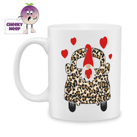 white ceramic mug with a leopard print car with a gnome in the middle holding a red love heart as produced by Cheekyneep.com