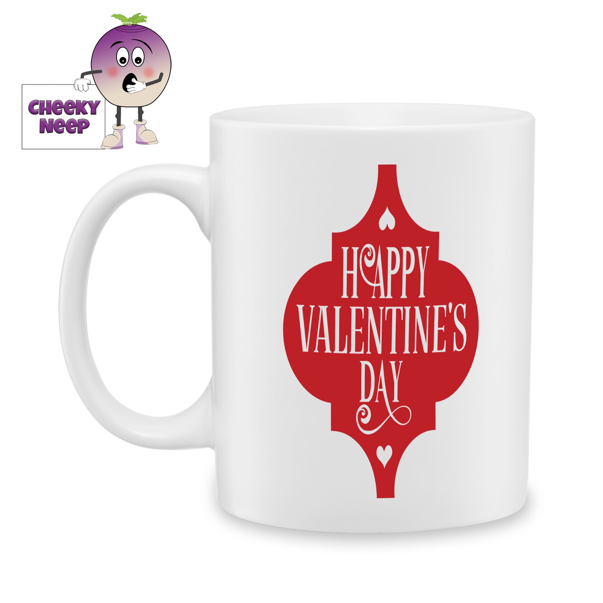 white ceramic mug with a red arabesque and the words "Happy Valentine's Day" printed on the mug as supplied by Cheekyneep.com