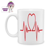 white ceramic mug with a red heart beat line printed on the mug. In the middle of the line is the shape of a heart as produced by Cheekyneep.com