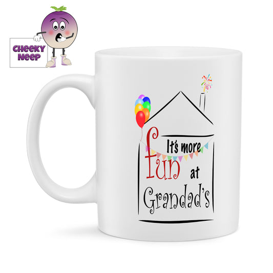 10oz white ceramic mug with the slogan "It's more fun at Grandad's" set in the outline of a house and with some coloured balloons, coloured bunting and fireworks out of the chimney