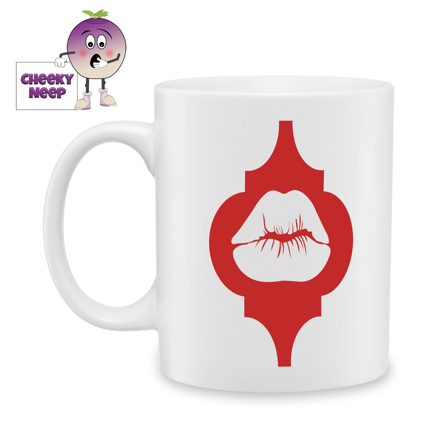 white ceramic mug with a red arabesque shape with white lips in the middle. Mug as produced by Cheekyneep.com