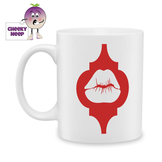 white ceramic mug with a red arabesque shape with white lips in the middle. Mug as produced by Cheekyneep.com