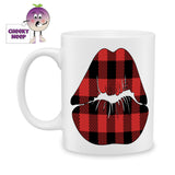 white ceramic mug with a picture of lips coloured in red and black check. Mug as produced by Cheekyneep.com