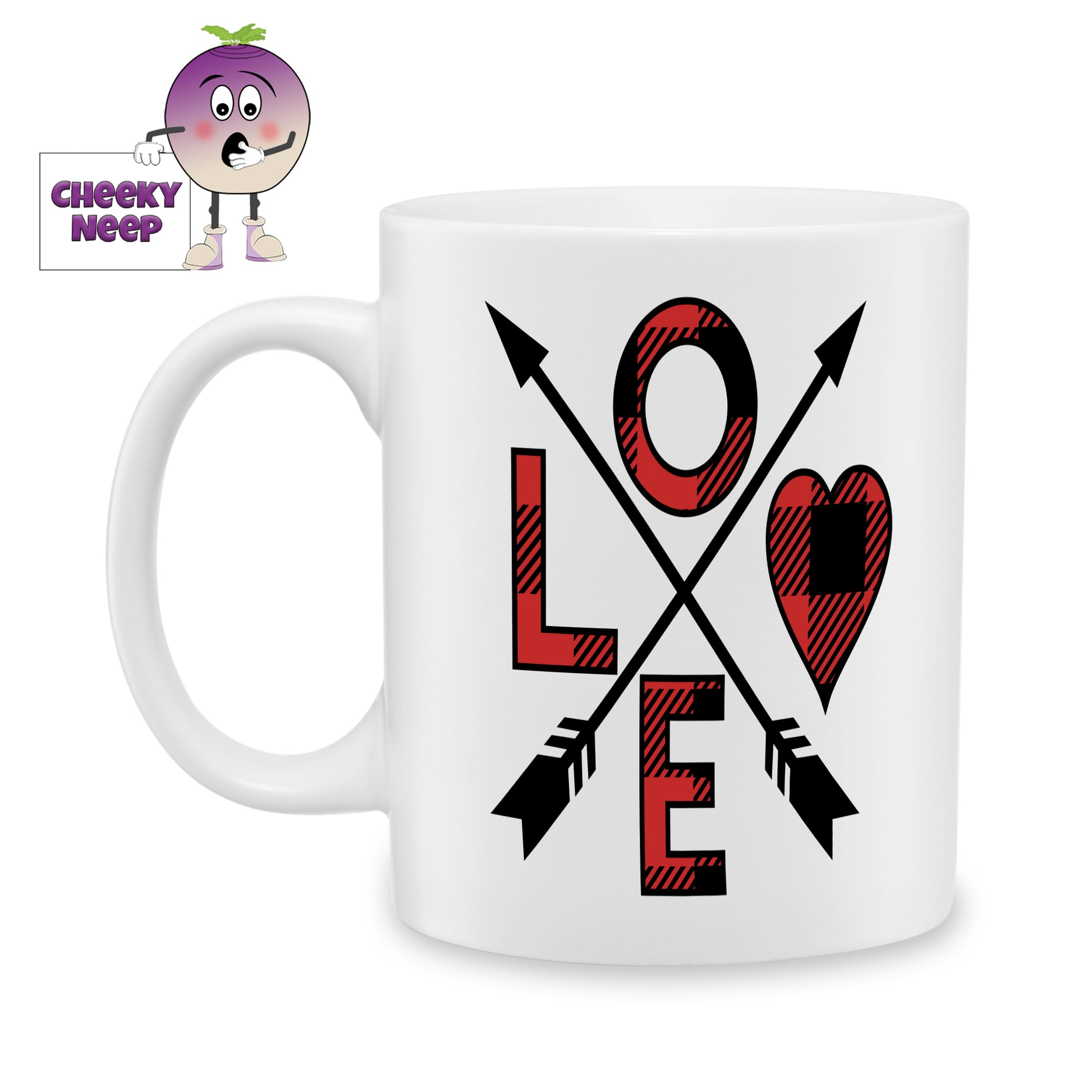 white ceramic mug with two arrows crossed to make four quadrants. The quadrants spell out the word "Love" which is written in a red and black check pattern. Mug as produced by Cheekyneep.com