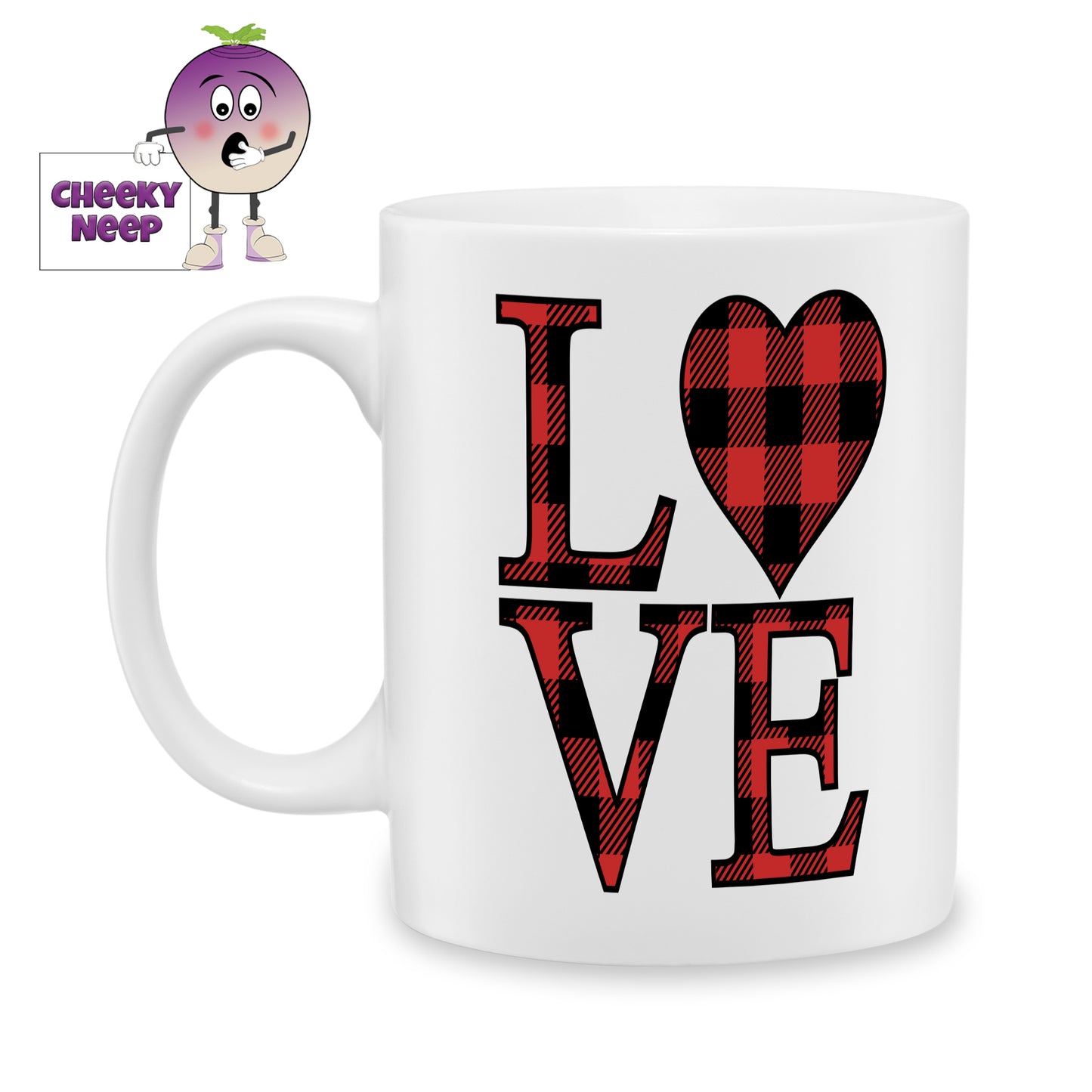 white ceramic mug with the word "Love" printed in a black and red check. Mug as produced by Cheekyneep.com