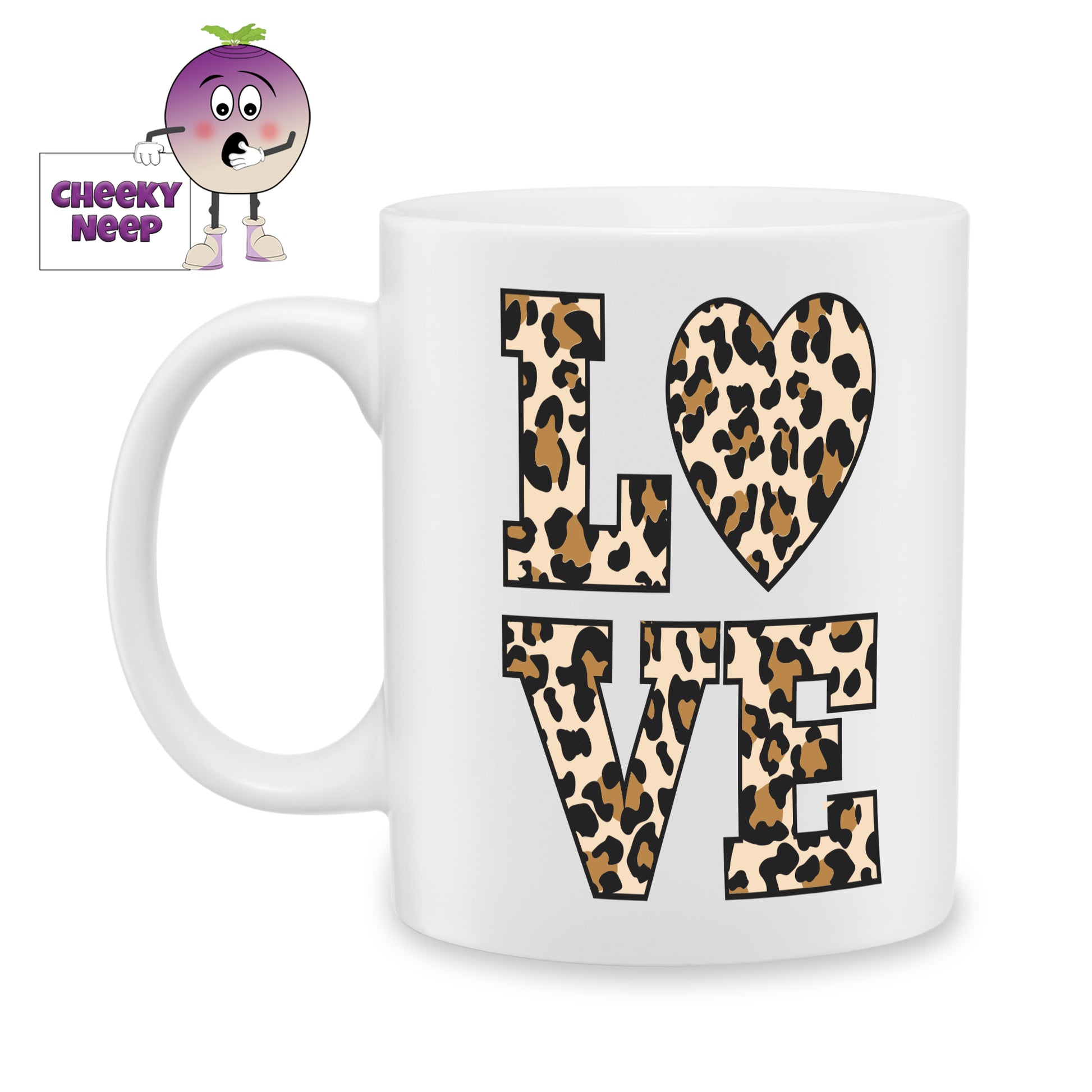 white ceramic mug with the word "Love" printed in a leopard print pattern. Mug as produced by Cheekyneep.com