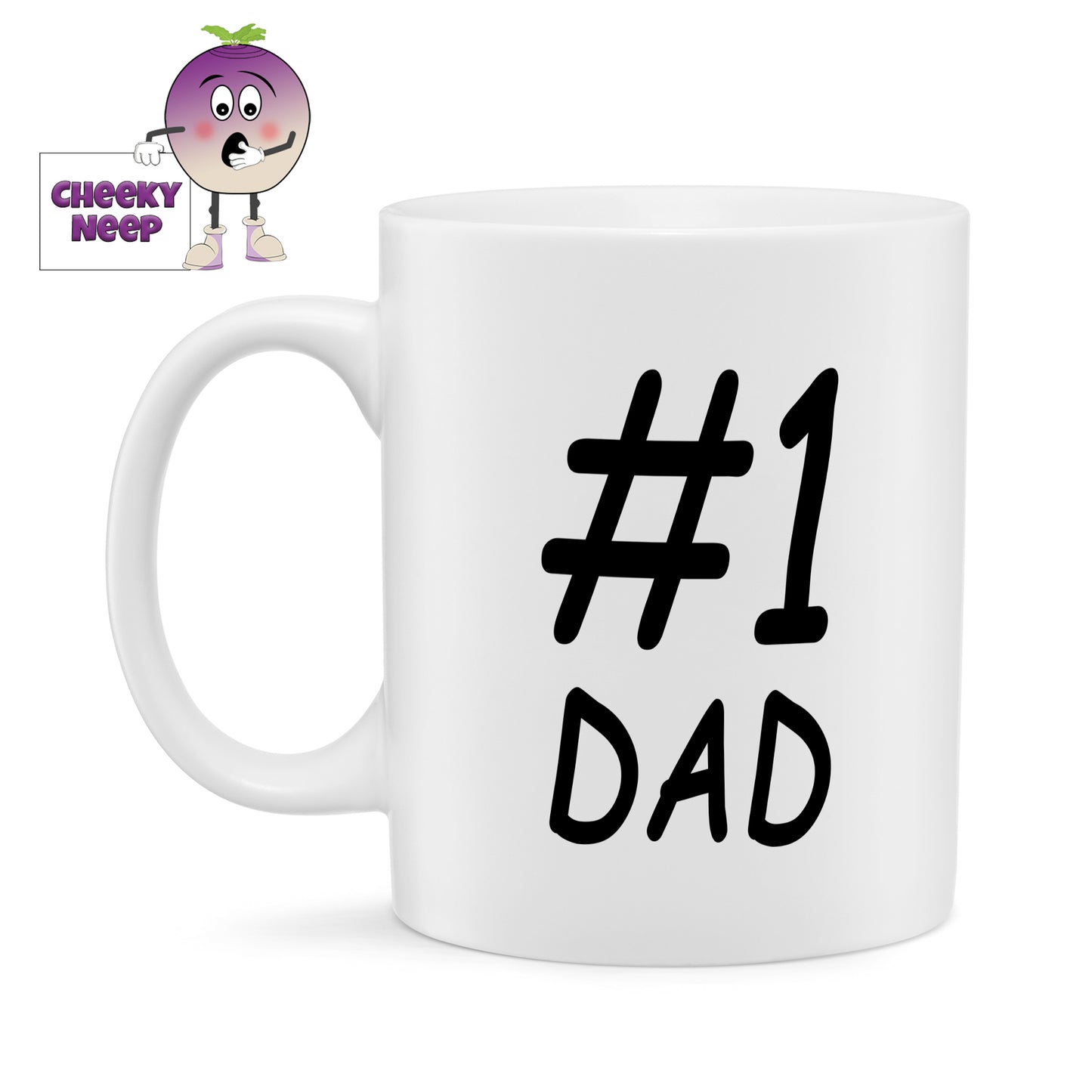 10oz ceramic mug with the text "#1 Dad" printed in black text