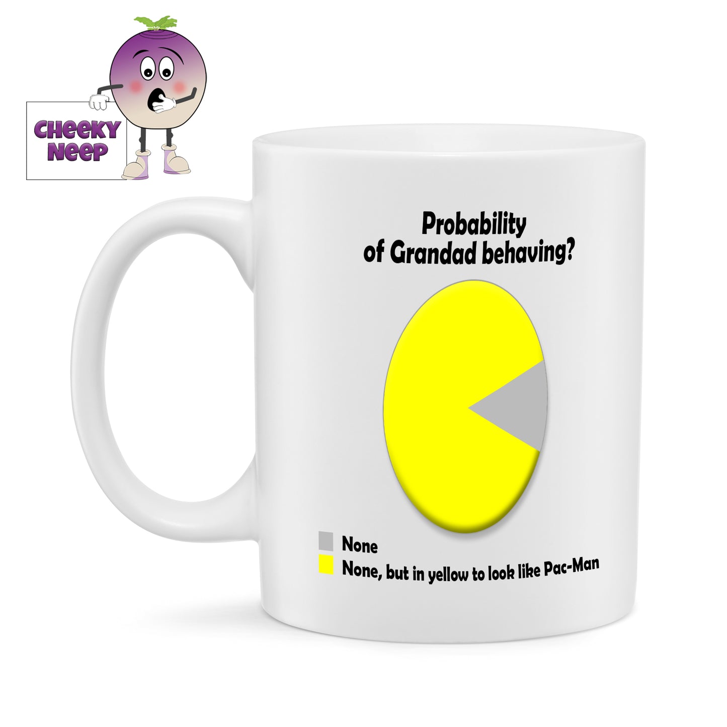 10oz white ceramic mug with the slogan  "Probability of Grandad behaving?" The pie chart is divided into two sections but both represent zero probability