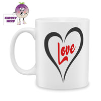 white ceramic mug with a love heart in outline and the word 
