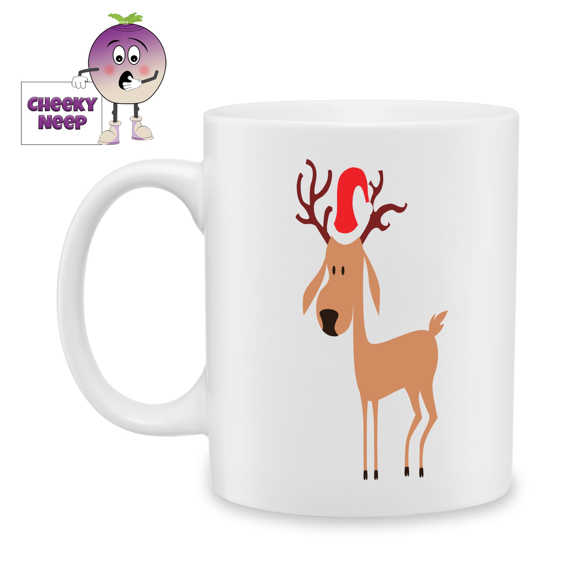 White ceramic mug with a picture of a reindeer wearing a christmas hat printed on the mug. As produced by Cheekyneep.com