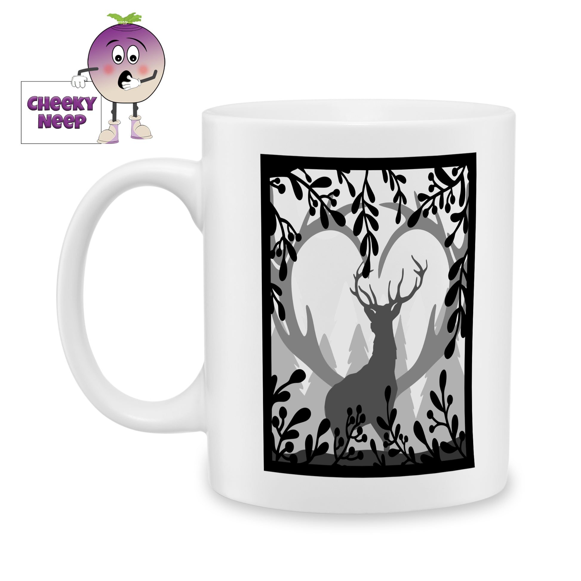 White ceramic mug with the silhouette of a reindeer in some trees printed on the mug. Mug as produced by Cheekyneep.com