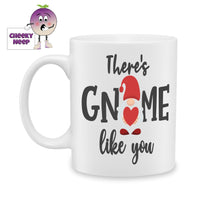 white ceramic mug with  picture of a gnome and the words 