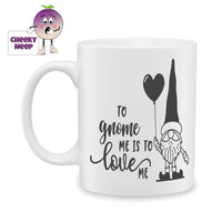 white ceramic mug with a picture of a gnome holding a balloon and the words 