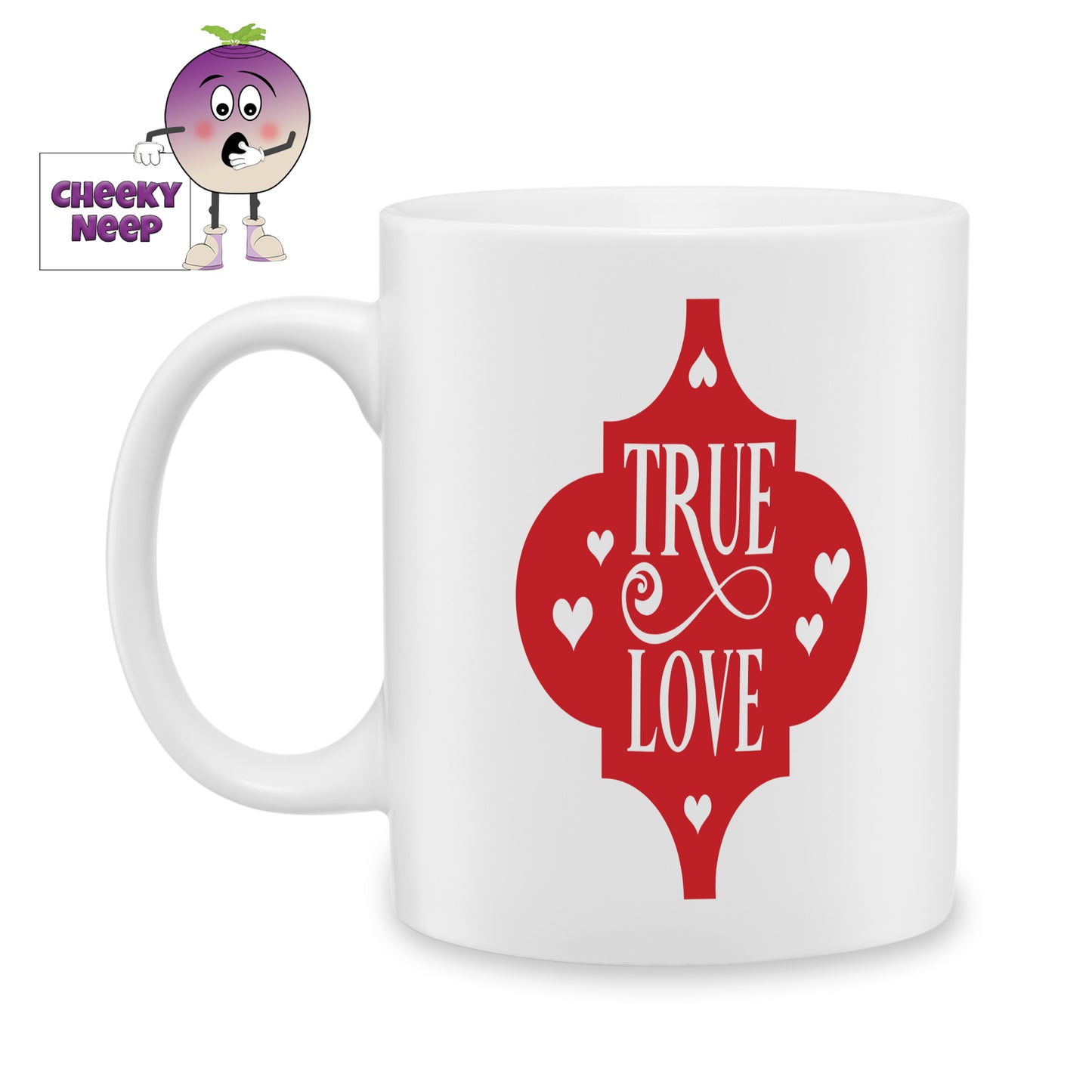 white ceramic mug with a red arabesque shape and the words "true love" printed in white in the middle of the shape. Mug as produced by Cheekyneep.com