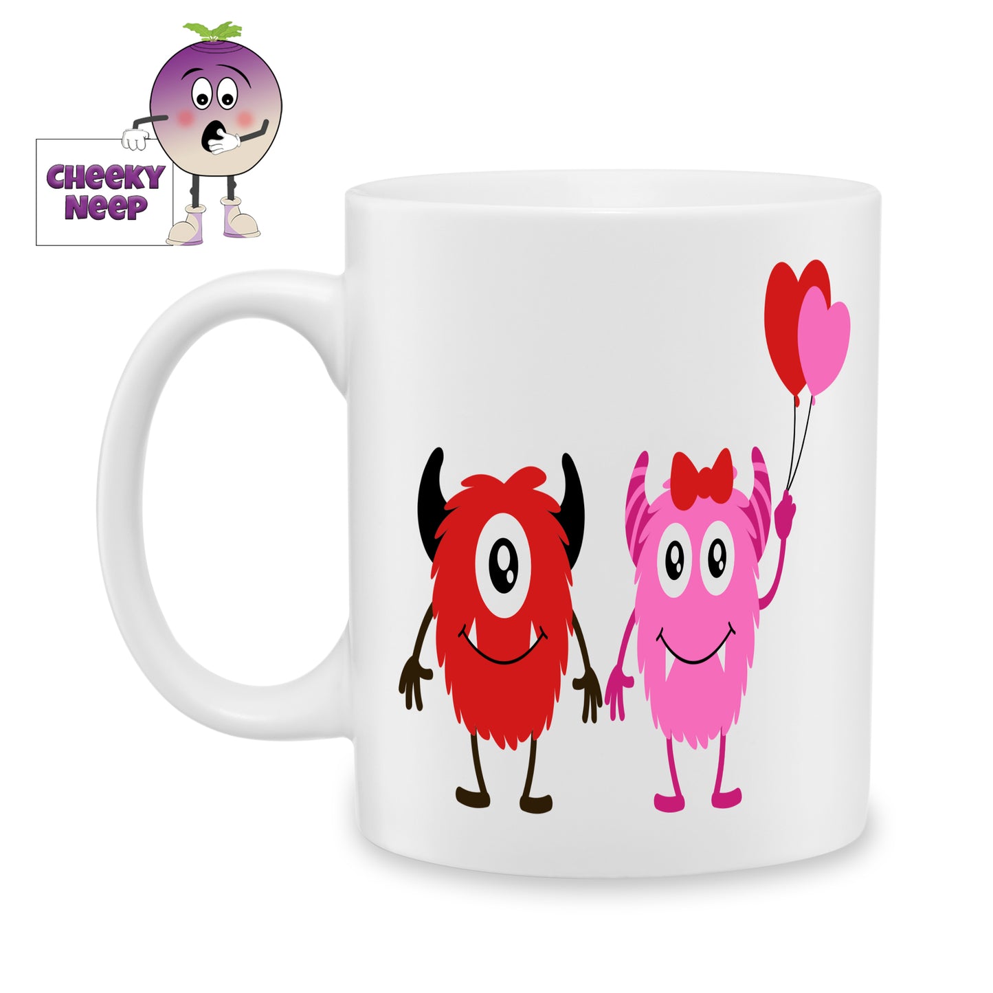 white ceramic mug with a picture of two monsters next to each other with one holding two heart shaped balloons. Mug as produced by Cheekyneep.com