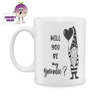 white ceramic mug with a picture of a gnome holding a heart shaped balloon and the words 