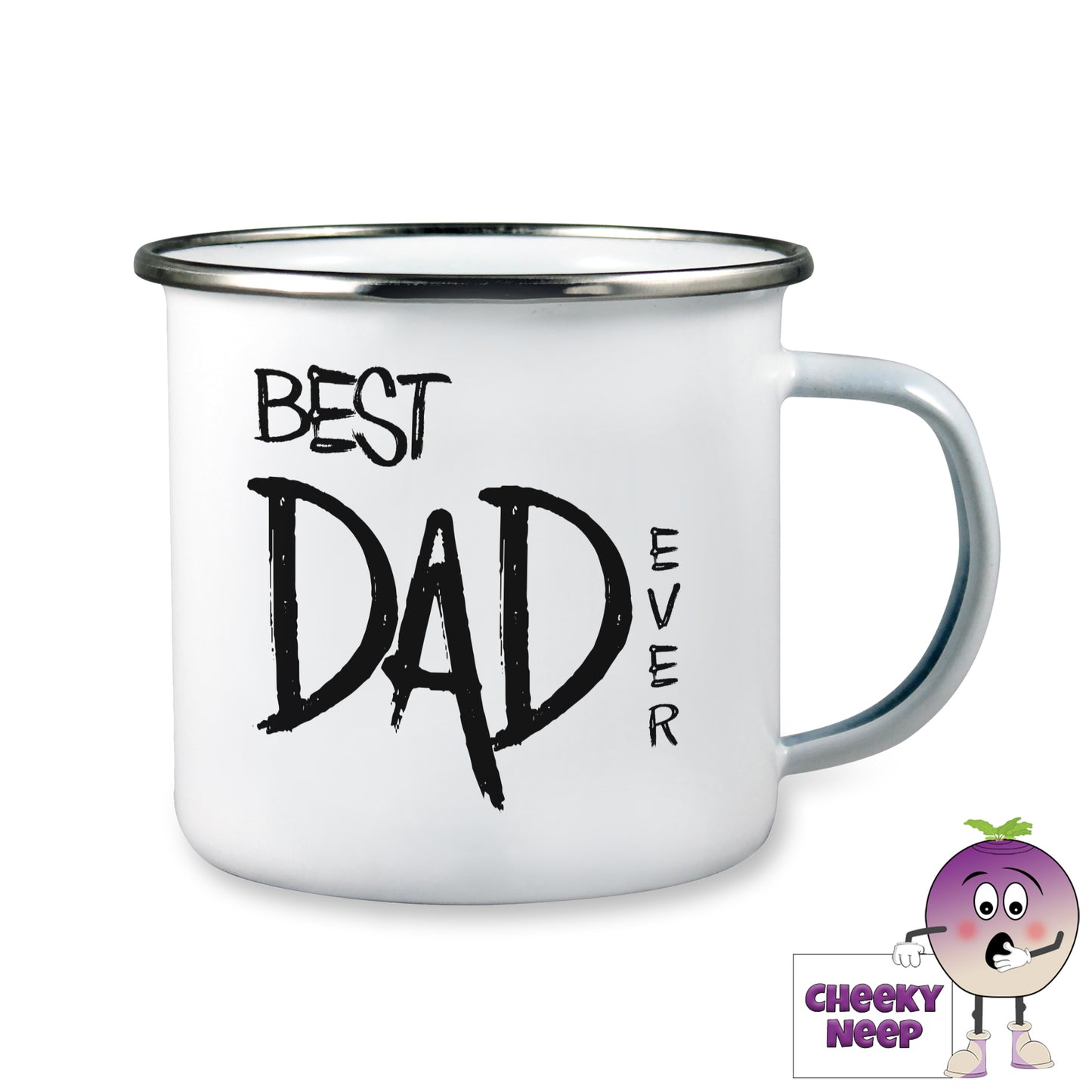 10oz white enamel camping mug with the words "Best Dad Ever" written in black text