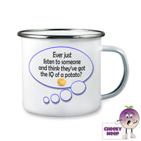 10oz white enamel camping mug with a speech bubble showing the words 