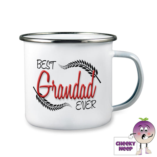 White enamel camping mug with the slogan "Best Grandad Ever" printed on the mug